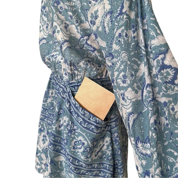 FREE PEOPLE Bohemian Mini Dress Silver Sun Cutout Blue Washed Pockets, Medium - Picture 8 of 16